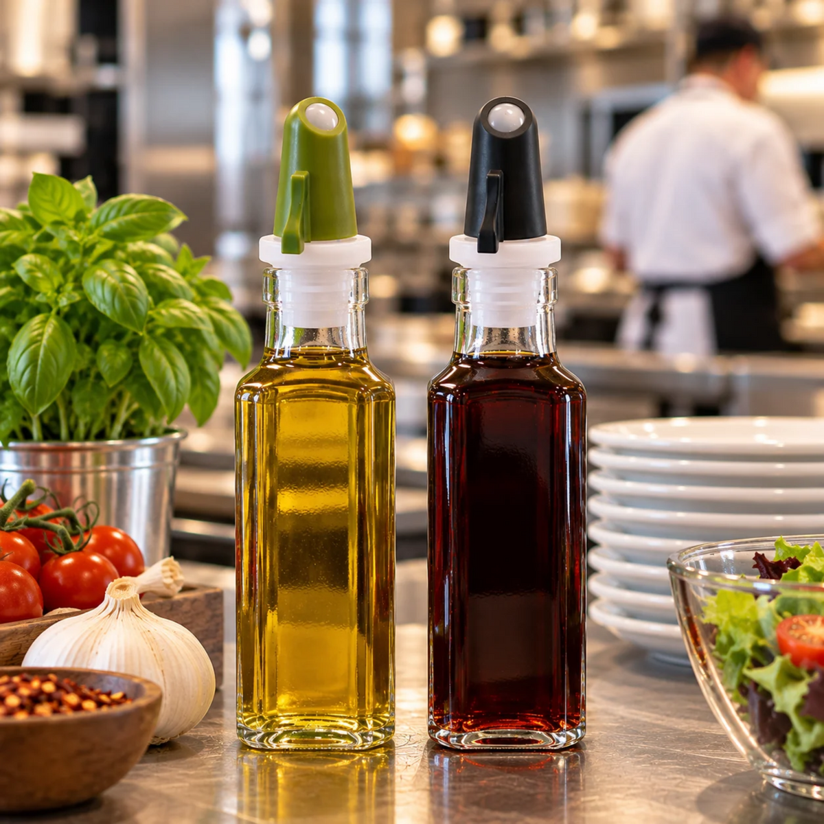 Green and black Pouro pourers on bottles of golden and dark liquids beside basil and salad in a kitchen.