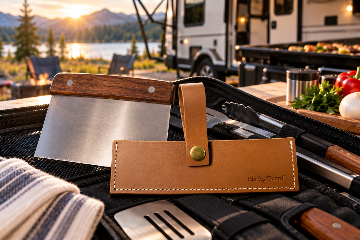 Tan leather sheath with a snap strap beside a wooden-handled bench scraper in an open cooking bag at an RV campsite.