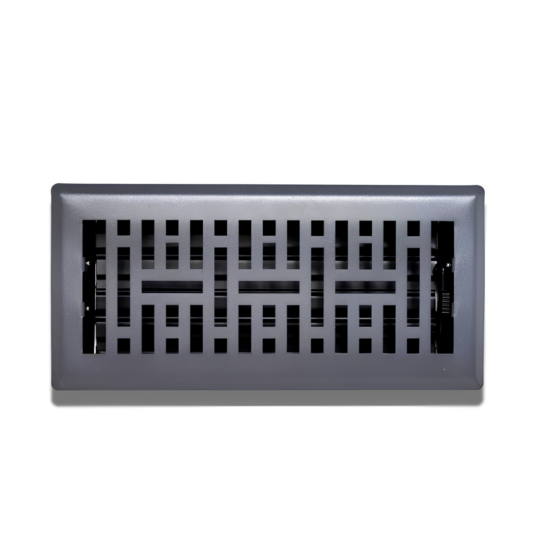 Dark gray rectangular vent register with a geometric grille pattern and controls visible behind the openings.