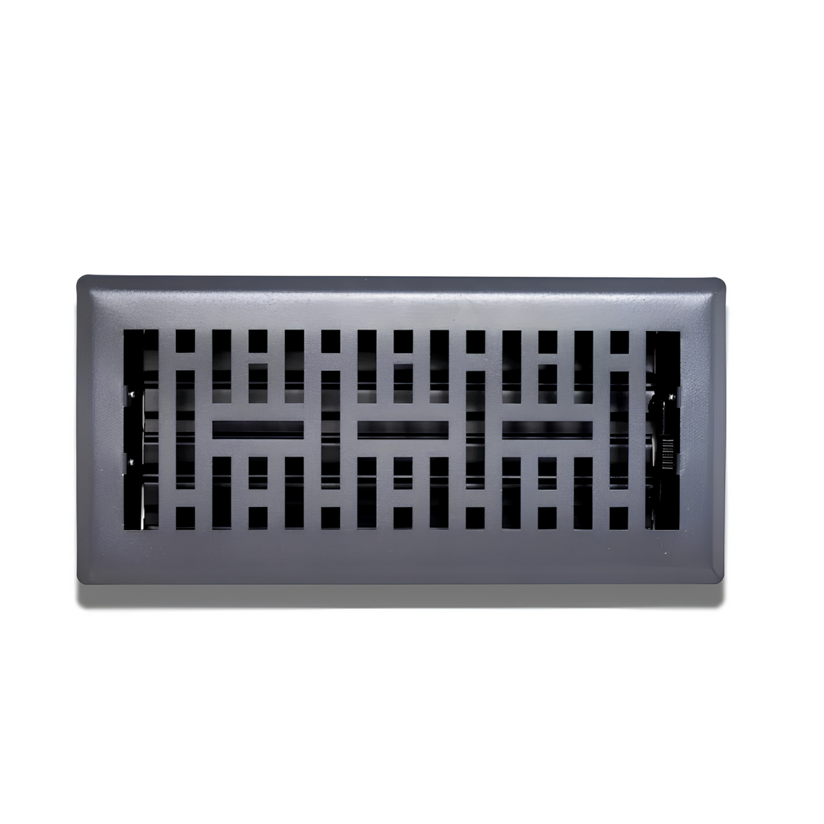 Dark gray rectangular vent register with a geometric grille pattern and controls visible behind the openings.