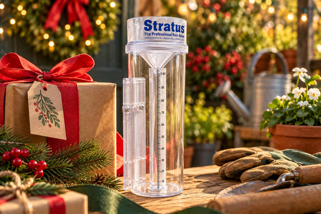Stratus rain gauge beside a gift wrapped with red ribbon, gardening gloves and tools on a wooden bench.