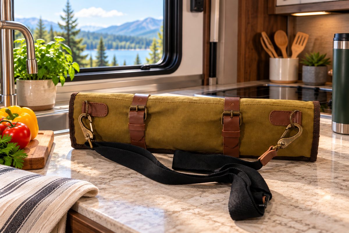 Closed tan canvas knife roll with brown buckle straps and a black shoulder strap on an RV kitchen counter.