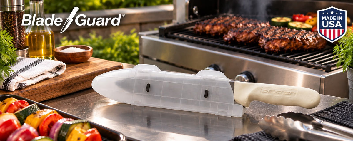 BBQ knife safety setup with Blade Guard protecting a knife during outdoor cooking