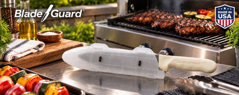 BBQ knife safety setup with Blade Guard protecting a knife during outdoor cooking
