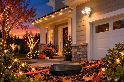Outdoor holiday lights installed around a home for fall and winter