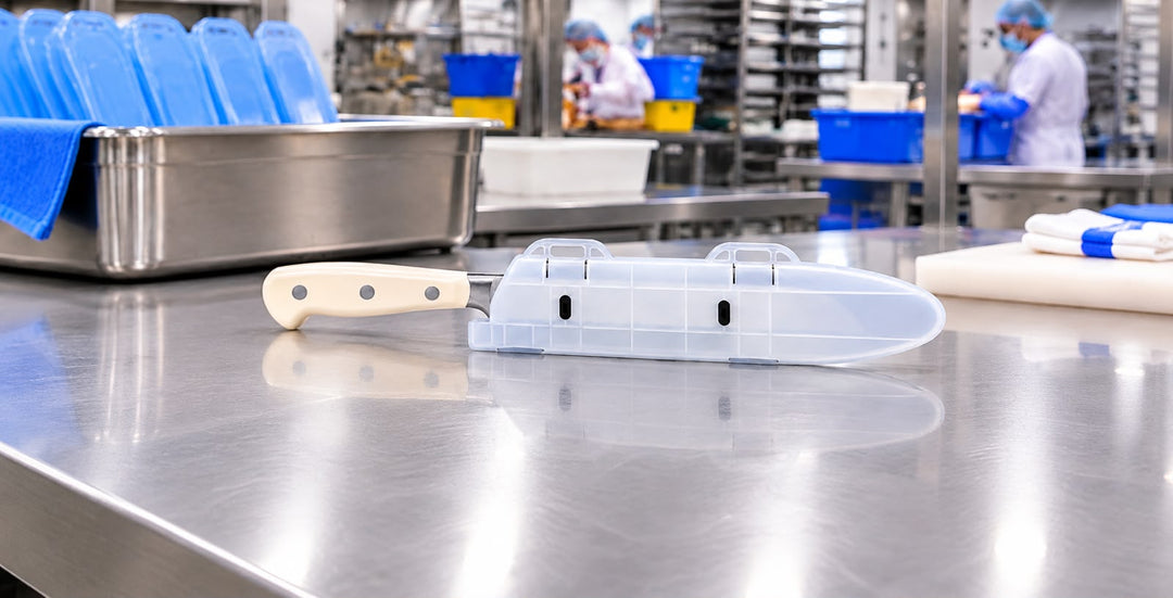 White-handled knife enclosed in a translucent Blade Guard on a stainless steel worktable in a food-processing facility.