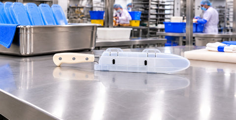 White-handled knife enclosed in a translucent Blade Guard on a stainless steel worktable in a food-processing facility.
