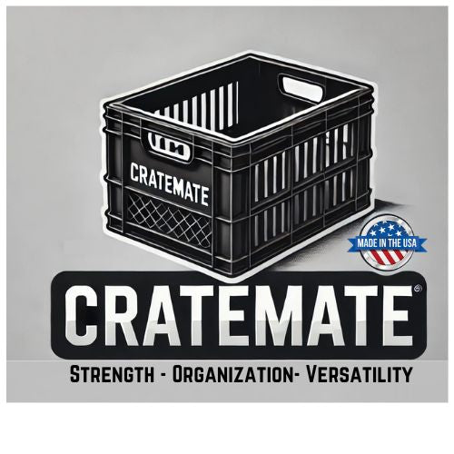 Black plastic Cratemate storage crate with grid base and side handles