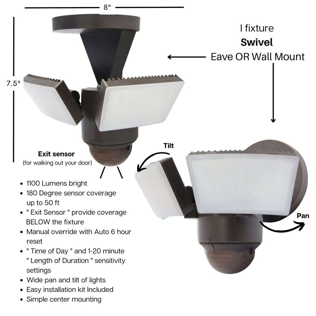 Dark bronze outdoor security light with three white rectangular led panels and dome-shaped exit sensor for motion detection.