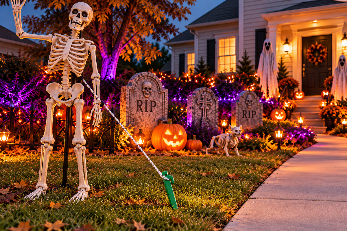 Halloween graveyard display in a front yard