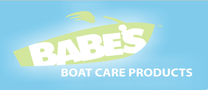 Babe’s boat care products logo with white stylized text and green wave on light blue background in west marine article