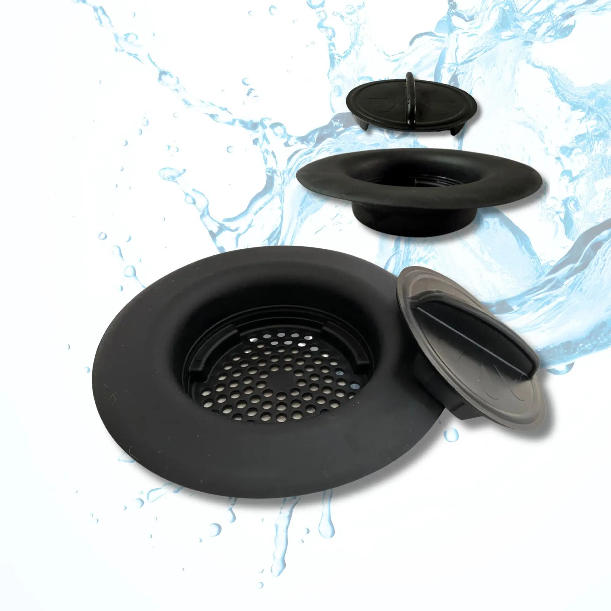 Black silicone sink strainer with perforated design and removable lid