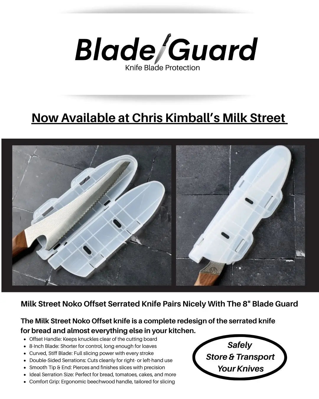 White plastic knife blade guard with clear molded design for safe kitchen knife storage and transport featured on Fox News.