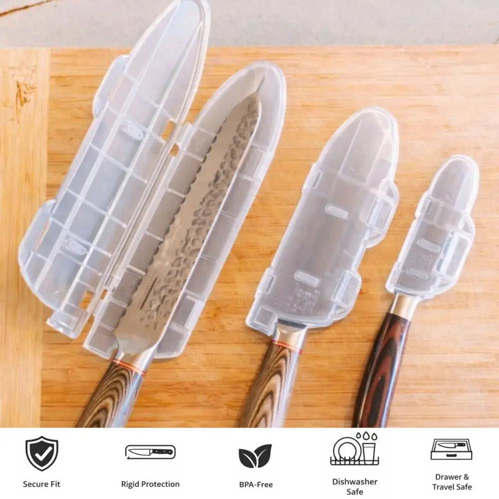 Clear plastic knife sheaths with molded compartments holding various kitchen knives for safe and secure blade storage