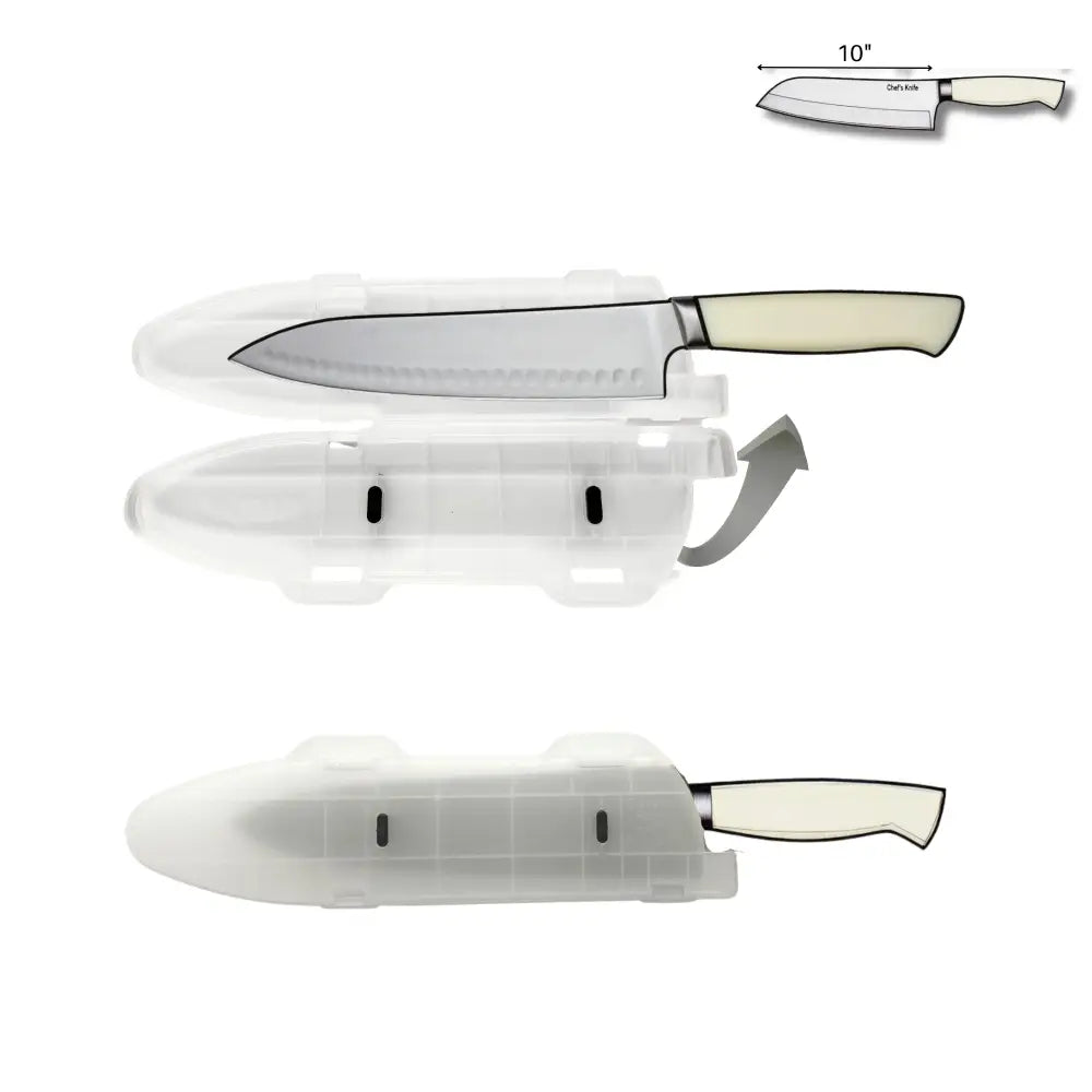 Cream-colored sleek modern knife with stainless steel blade and edge guard