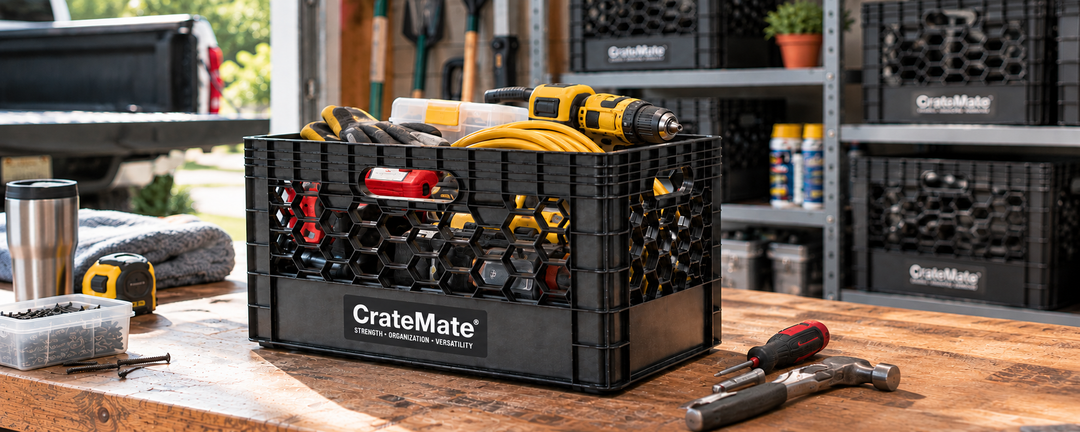 CrateMate heavy-duty storage crate with ventilated sides and built-in handles