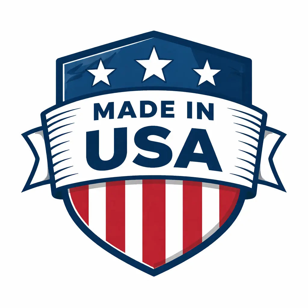 USA-made shield emblem with stars and stripes on garden tool