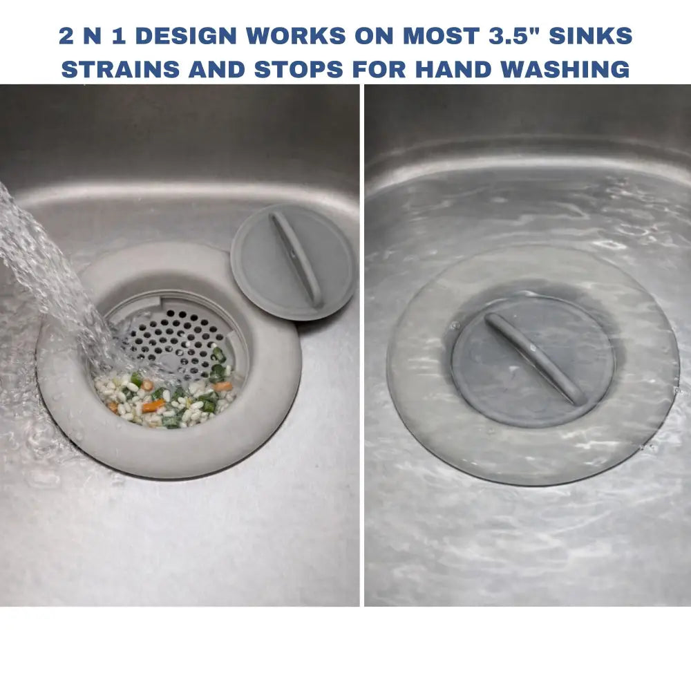 Gray silicone sink strainer with removable lid and perforated filter