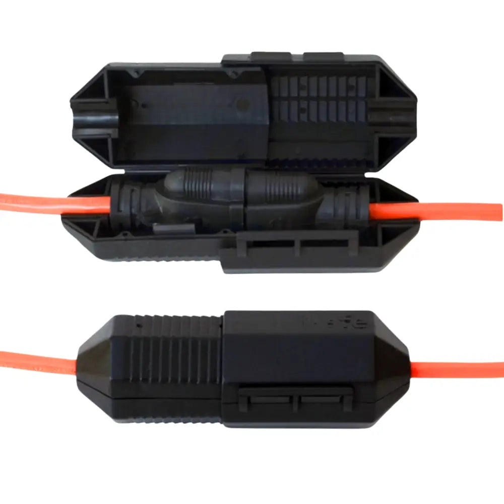 Black plastic outdoor power connector with orange ribbed cord for patio safety