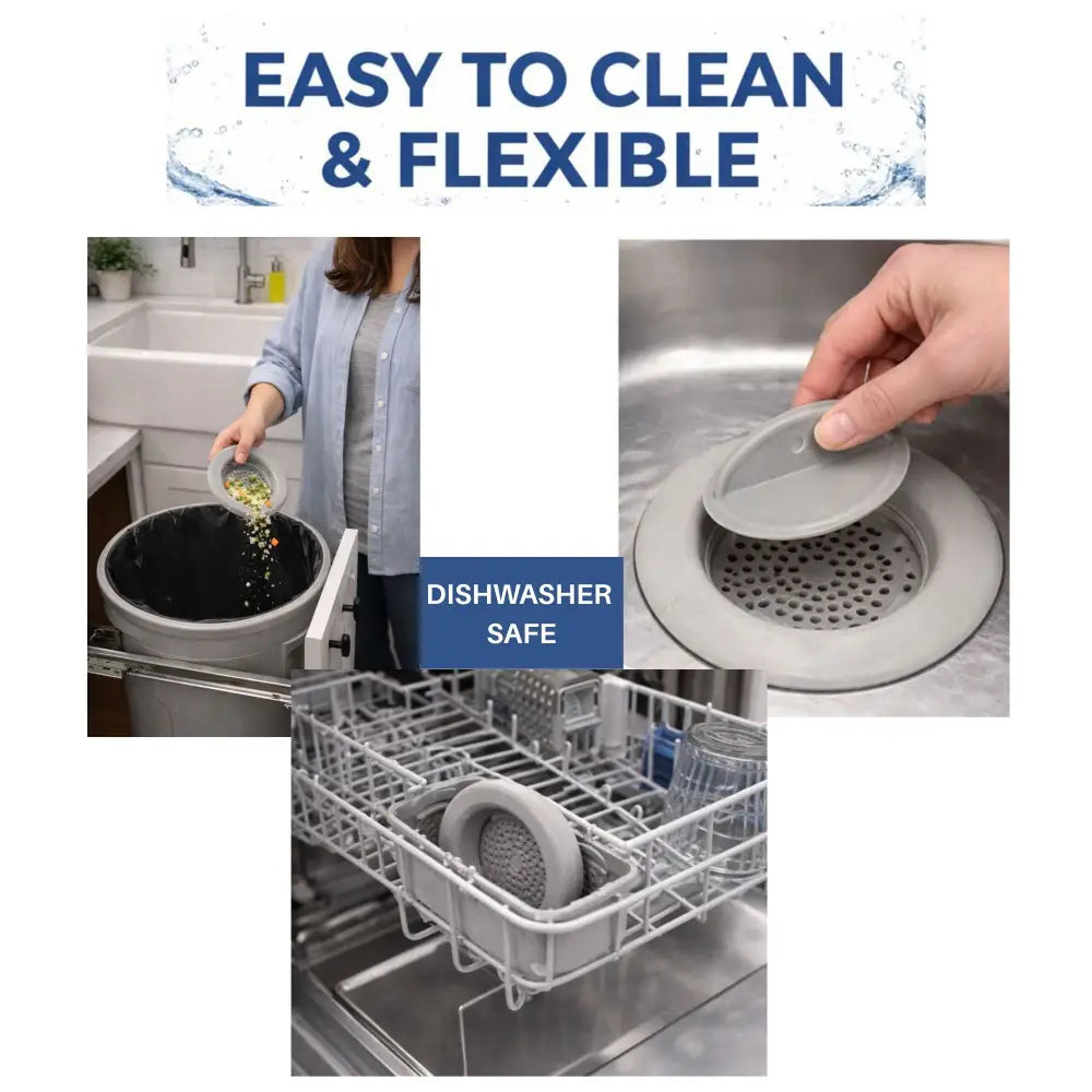 Gray flexible silicone sink strainer with perforated design and removable lid