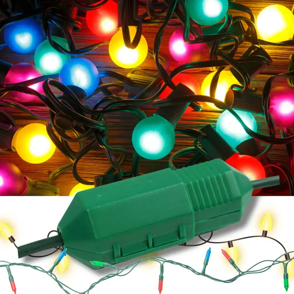 Green plastic Christmas light string connector with ridged texture and two protruding ends for Cordsafe protection.