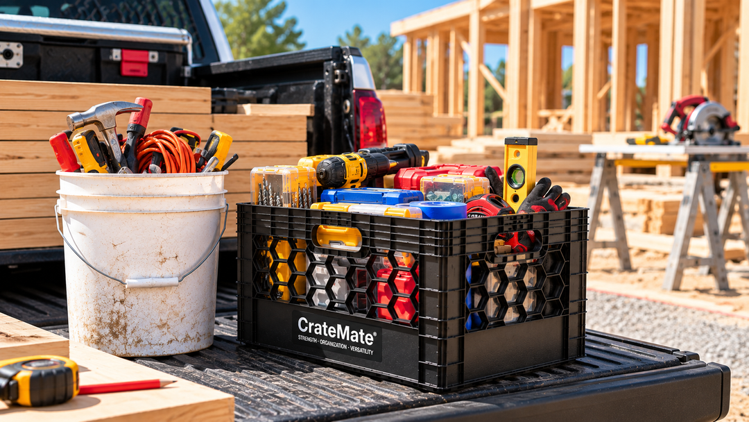 CrateMate stackable crate for organizing tools and jobsite supplies