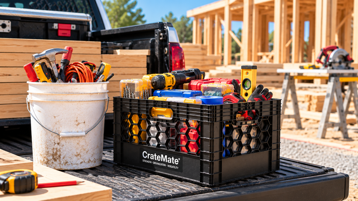CrateMate stackable crate for organizing tools and jobsite supplies