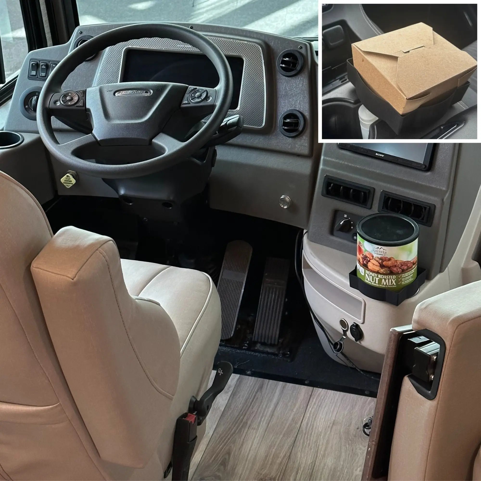 Brown cardboard takeout container in RV cup holder for easy trucker meals