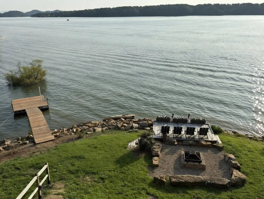 Wooden dock extending into calm East Tennessee lake waters