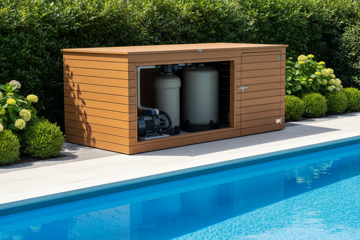 Pool pump connected via outdoor extension cord — CordSafe PLUS weatherproof plug cover protects pool pump cord connections from rain and moisture