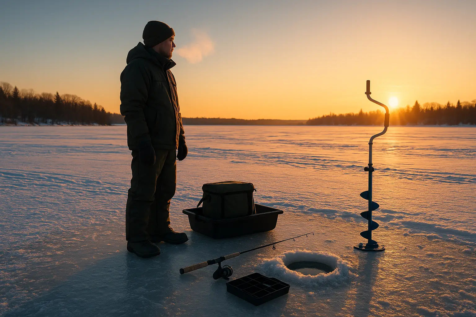 Black ice fishing auger with spiral bit on frozen lake