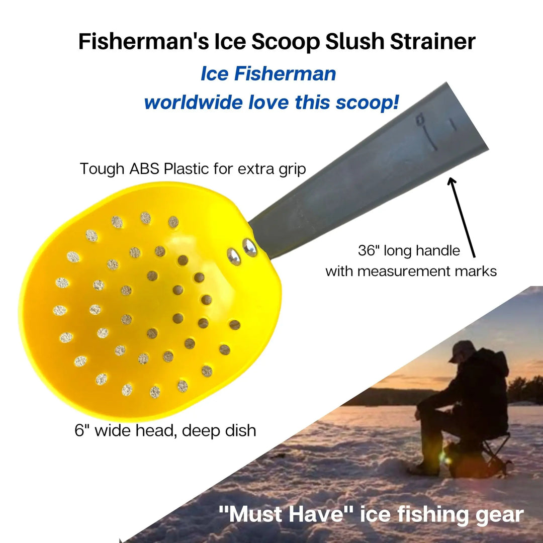 Bright yellow plastic ice scoop with long gray handle for fishing