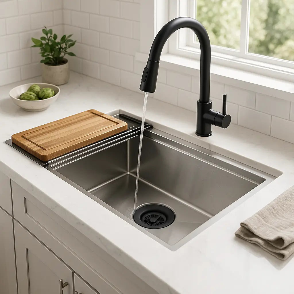 Black matte curved spout faucet with pull-down spray head