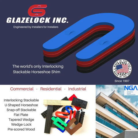 Glazelock product graphic with stacked blue, red, and black horseshoe shims and assorted shim styles