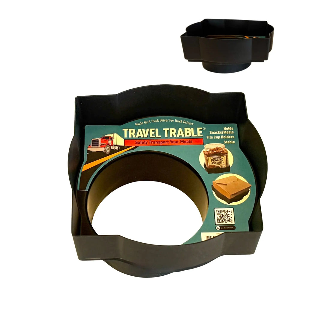 Black plastic travel tray for truck drivers to transport meals in cup holders
