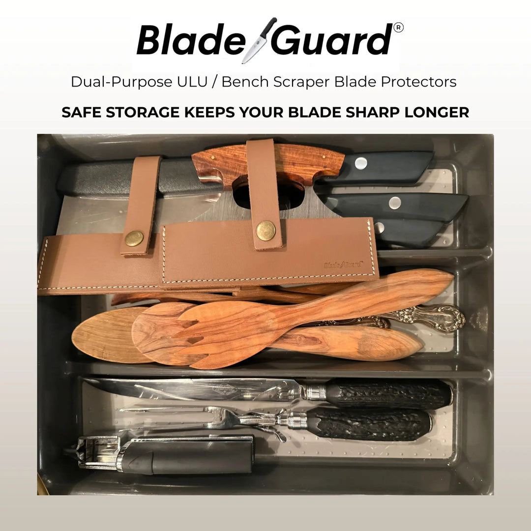 Brown leather bladeguard ulu and bench scraper protectors with brass rivets