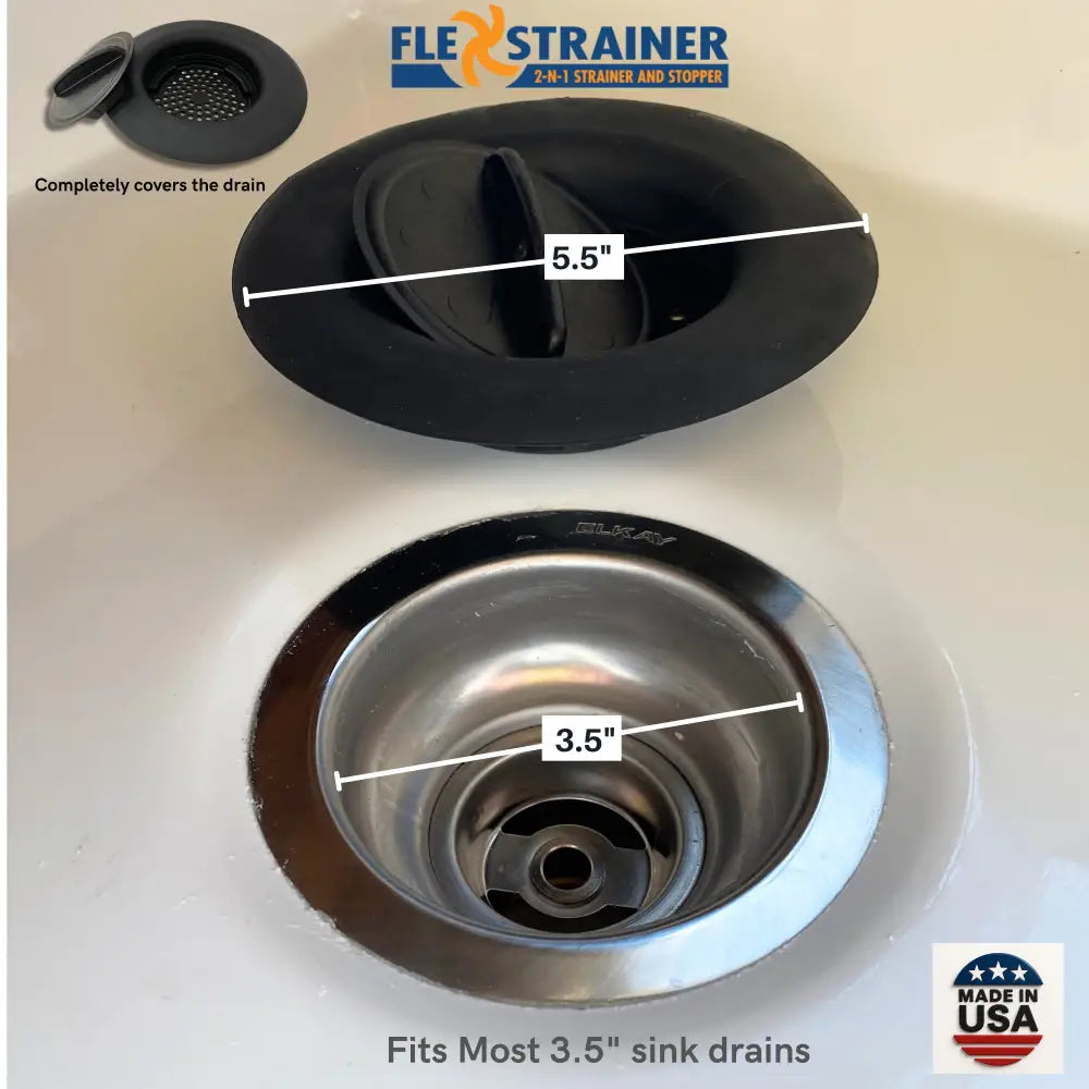 Black rubber 2-in-1 flexstrainer with mesh screen for hair removal in 3.5-inch drains