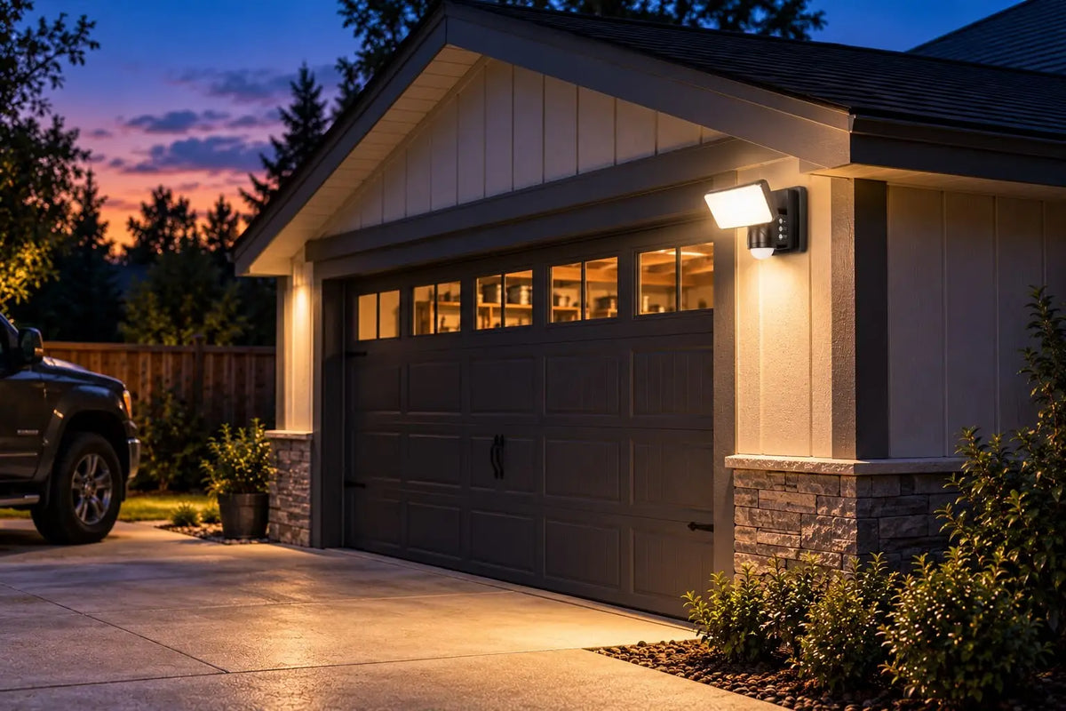 IQ America outdoor motion light illuminating a garage front