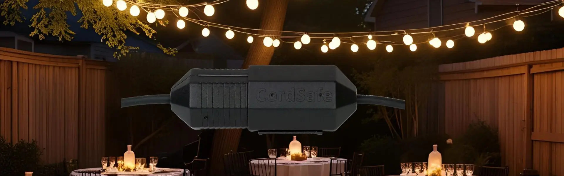 Outdoor patio string light installation — CordSafe PLUS weatherproof extension cord plug cover for safe and secure outdoor lighting