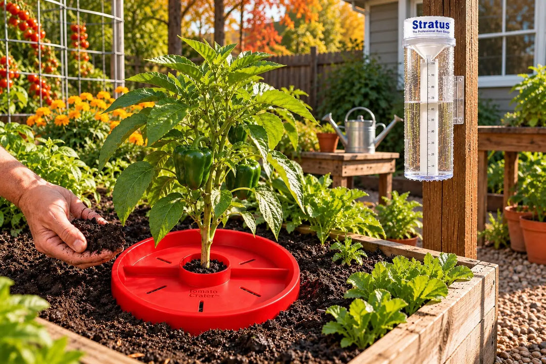Tomato Crater directing water toward a vegetable plant’s root zone