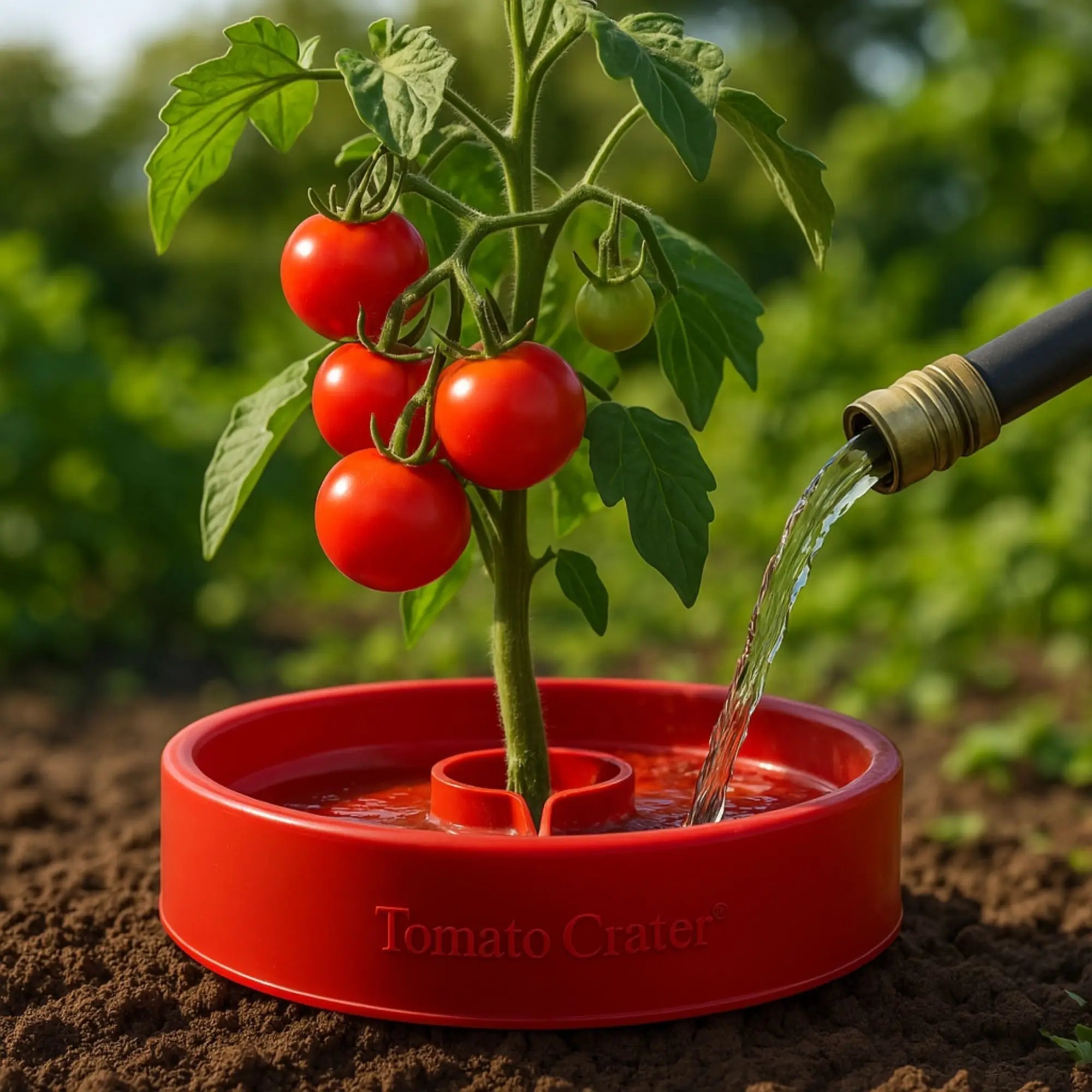 Red plastic tomato crater watering device with stem hole in garden
