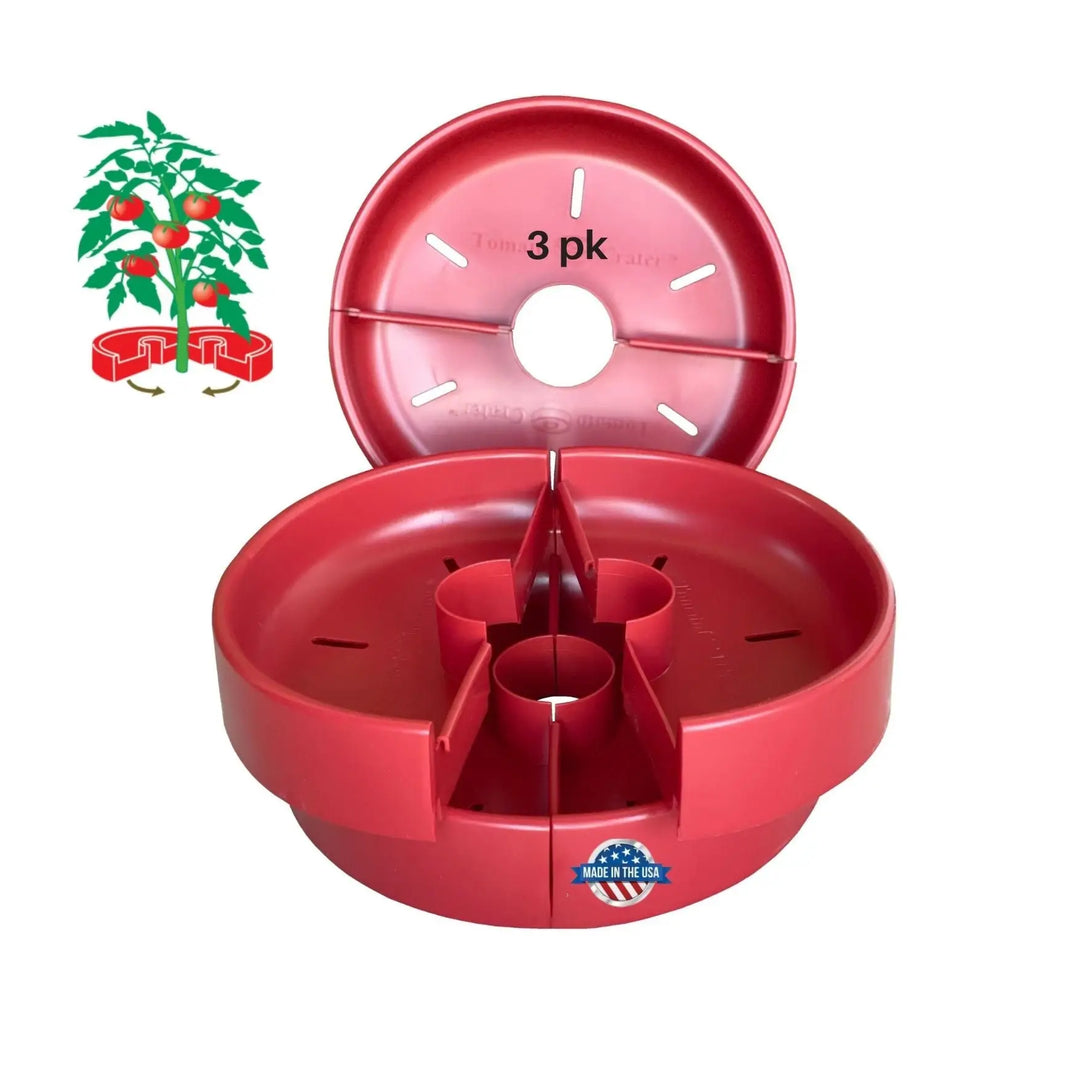 Red plastic tomato support system with three circular compartments