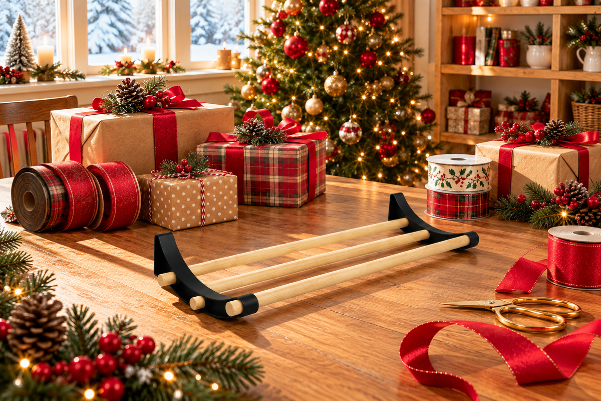 Black supports with three wooden dowels on a Christmas wrapping table surrounded by ribbon rolls, gifts and scissors.