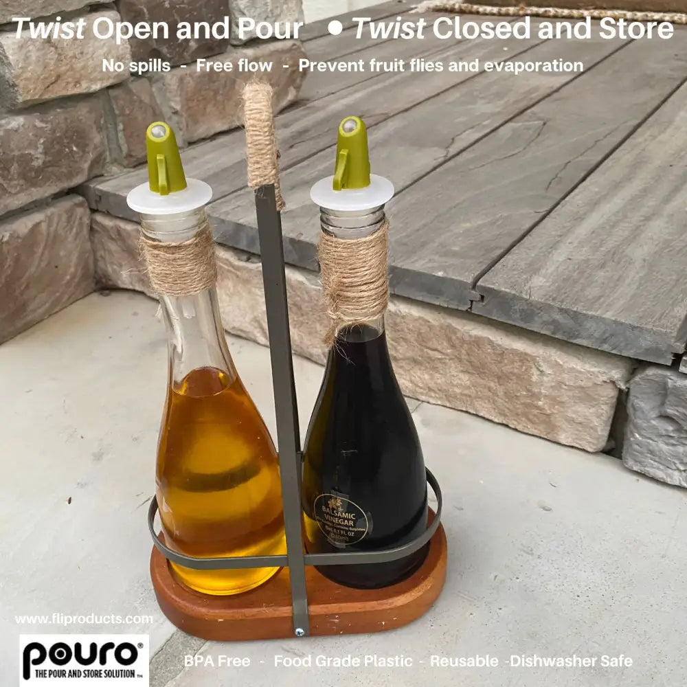 Pouro twist-to-open bottle pour spout attached to an oil bottle for clean drip-free pouring in the kitchen