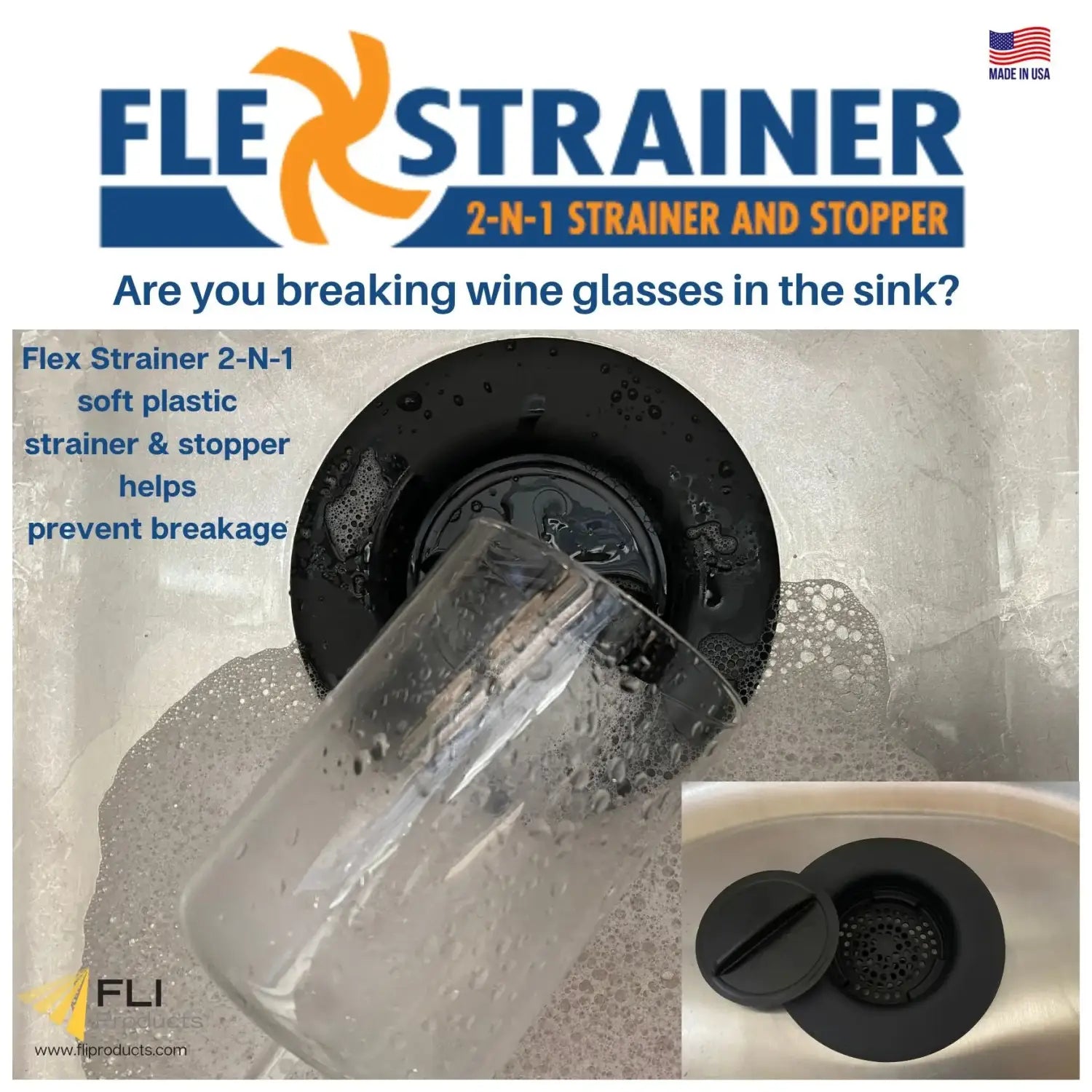 Flex Strainer® 2-in-1 stemless silicone sink strainer shown next to a kitchen sink during summer food prep — clog-free drain solution for heavy cooking seasons, exclusive to FLI Products