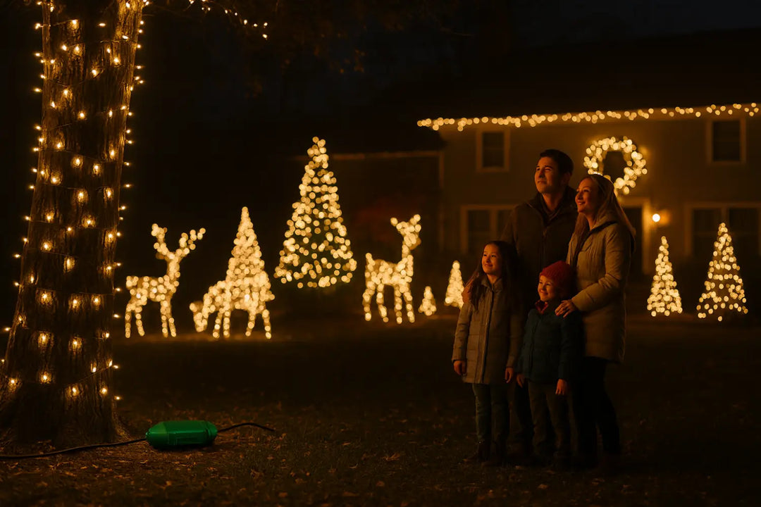 Family decorating home with outdoor Christmas lights — CordSafe PLUS weatherproof extension cord cover protects holiday light plug connections