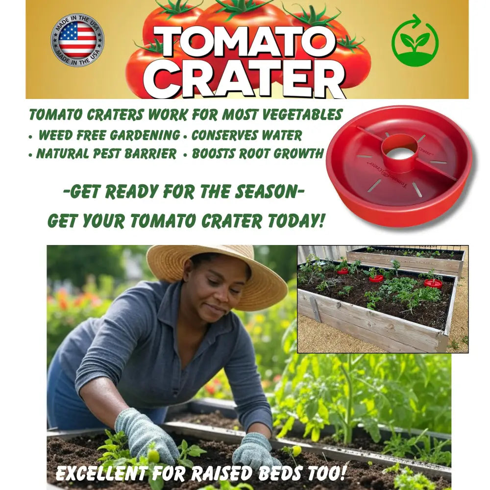Red plastic tomato crater tool for root zone watering in raised bed gardens