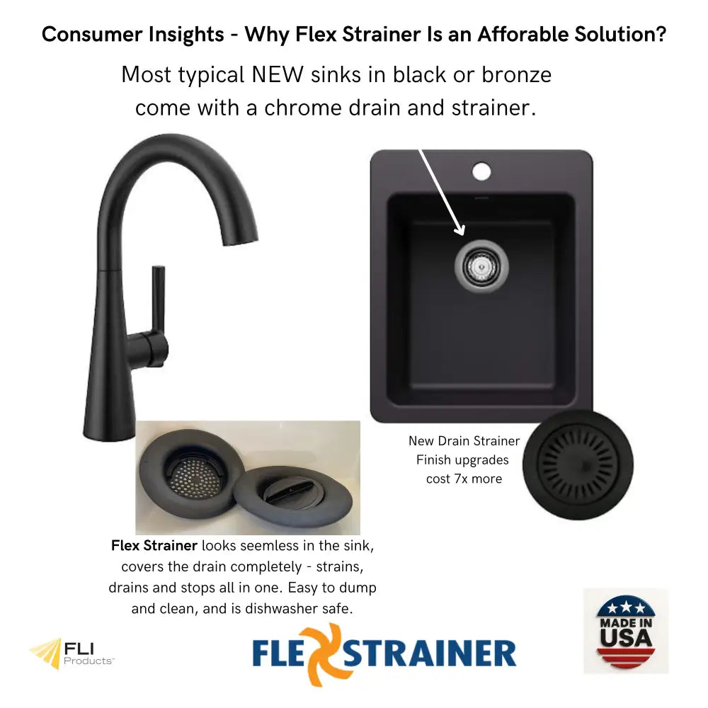 Black flex strainer drain cover with sleek circular textured design