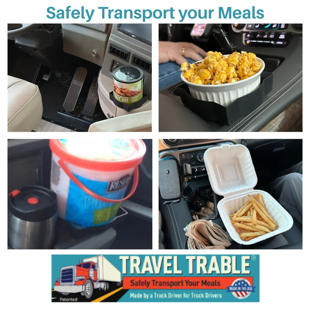 Black car interior meal organizer with adjustable sides for secure fit.