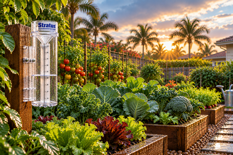 Stratus rain gauge for measuring rainfall near a vegetable garde